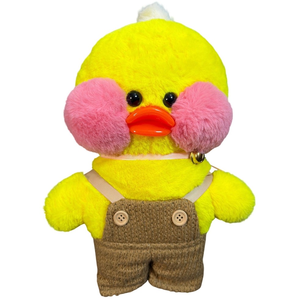 Lalafanfan Cafe Mimi Yellow Duck Plush 12" Pink Rosy Cheeks Brown Overalls Bell